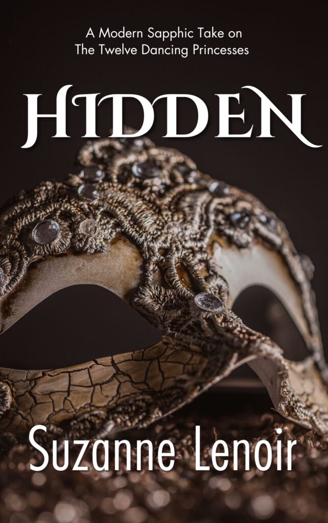 Cover with intricate white Venetian mask. Text that says, Hidden by Suzanne Lenoir.